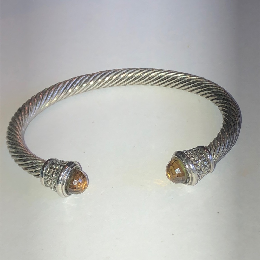 Silver Tone Cable Cuff Bracelet with Green Gem Accents
